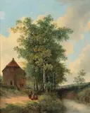 Hendrik Pieter Koekkoek, Figures on a path, oil on panel