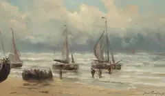 Jacob Willem Gruyter, Barges on the shore, oil on canvas