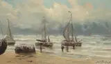 Jacob Willem Gruyter, Barges on the shore, oil on canvas