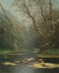Constant Artz, Mother duck and her six ducklings out for a swim, oil on canvas