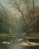 Constant Artz, Mother duck and her six ducklings out for a swim, oil on canvas