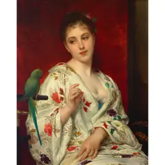 Adolphe Piot, A portrait of a young woman in a floral robe with a parakeet, oil on canvas
