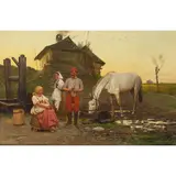 Antoni Kozakiewicz, Polish rider with two women and a white horse, oil on panel