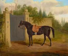 A black horse waiting to enter by Edwin Loder of Bath, oil on canvas, sold Mar 2024