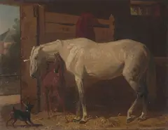 A white horse and a brown foal in a stable; Protecting the foal (two works) by Emil Volkers, both oil on canvas, sold Mar 2024