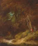 Travelers in a forest clearing by English School, oil on panel, sold Mar 2024