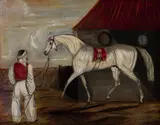 Rider with white horse by English School, oil on canvas, sold Mar 2024