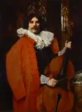 Ferdinand Roybet, A portrait of a gentleman in a red coat playing a cello
