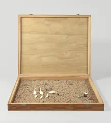 Entenjagd by Dieter Roth, 1971, Spielzeugfiguren (Ritter, Enten, Gänse und Hühner), in Schokolade, in verschließbarem Holzkasten, sold Nov 2012