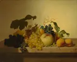 Johann Wilhelm Preyer, Früchtestilleben auf Marmortisch, 1843, Öl auf Leinwand