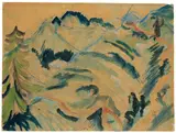 Blick von der Stafelalp / Stafelalp mit zwei Wanderern by Ernst Ludwig Kirchner, 1917, Aquarell über blauer Kreide bzw. Aquarell über blauer und roter Kreide auf braunem Papier (beidseitig bemalt), sold May 2012