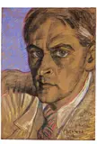 Stanisław Ignacy Witkiewicz, Auto-Vitcatius“ (Selbstbildnis), 1939, Farbkreiden und Kohle auf rotviolettem Tonpapier