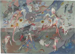 Hannah Höch, Der Geschöpfe sind viele zwischen Himmel und Erde, 1930, Deckfarben auf blauem Papier, auf Unterlagenkarton montiert