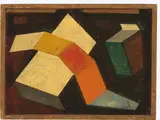 Hermann Glöckner, Gebrochene und gekantete Flächen, 1953, Öl auf geritzter Pappe, lackiert
