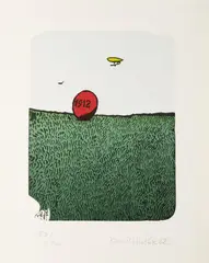 Kamil Lhoták, Landscape with Red Ball and Airship, 1982, lithography, paper