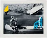 Man, Dog (Blue), Canoe/Shark Fins (One Yellow), Capsized Boat by John Baldessari, 2002, Color lithograph on torn, textured Somerset paper, sold Oct 2013