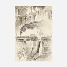 Arthur Meltzer, Factories, charcoal on paper