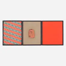 Barry McGee, Untitled (triptych), 2020, mixed media on found board in artist's frames