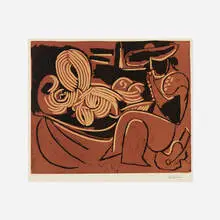 Femme Couchée et Homme à la Guitare by Pablo Picasso, 1959, linocut in colors on Arches, sold Oct 2021