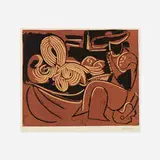 Femme Couchée et Homme à la Guitare by Pablo Picasso, 1959, linocut in colors on Arches, sold Oct 2021