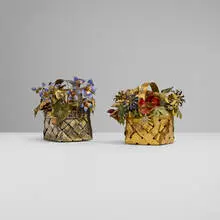 Claude Moliterni, Flower basket ornaments, set of two, c. 1950, sterling silver, sterling silver-gilt, enamel