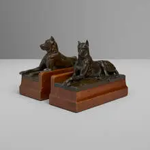 Georges Gardet, Chien danois et chienne danoise bookends, set of two, c. 1900, patinated bronze, walnut
