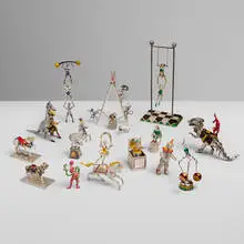 Gene Moore for Tiffany & Co., Collection of fourteen circus figures, 1988-1990, sterling silver, enameled sterling silver, enameled stainless steel