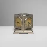 Kirby Beard & Co., Compendium desk clock, c. 1940, brushed and silver-plated brass, glass
