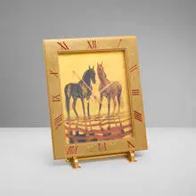 André Margat, Table clock with hand-painted horses, c. 1940, gilt brass, glass, painted gold leaf