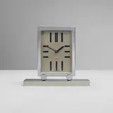 Abercrombie & Fitch, Art Deco 8-day desk clock, c. 1930, chrome-plated and enameled metal, glass, black glass