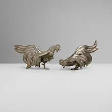 Peruvian, Fighting cocks, pair, c. 1930, sterling silver