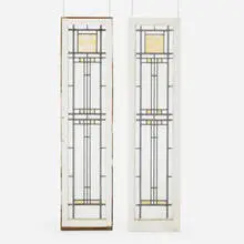 Windows, pair by Frank Lloyd Wright, glass, stained glass, zinc, painted wood, sold Feb 2024