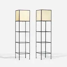 Frederic Weinberg, vitrine lamps, pair, c. 1950, enameled steel, glass, parchment