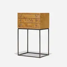 Milo Baughman, cabinet, c. 1970, burled olive wood, brass-plated steel, brass