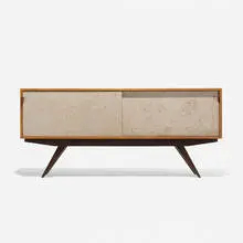 Florence Knoll, cabinet, model 122, 1947, birch, stained oak, cloth, leather