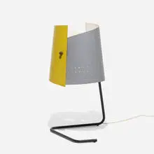 Lester Geis, T-5-G table lamp, 1951, enameled aluminum, enameled steel, brass