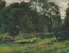 Francisco Goitia, Bosque con algunas figuras, oil on canvas laid to board