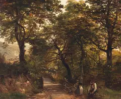 Ra Frederick Richard Lee, Wood gatherer with his two children in a glade, oil on board