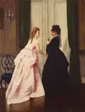 Two women exchanging a greeting by French School, oil on canvas, sold Mar 2024