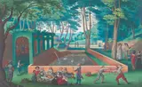 Friedrich Brentel, Gardens of a villa with elegant company eating by a pool near a grotto, bodycolor heightened with gold on vellum