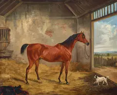 George Henry Laporte, Bay horse and setter in a stall, oil on canvas