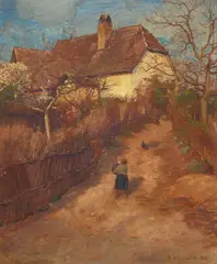 Gustav Schönleber, Pheasant on the road, oil on canvas