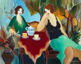 Itzchak Tarkay, Tea in the park, oil on canvas