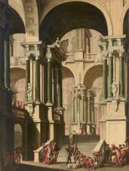 Italian School, Figures in an architectural capriccio setting, oil on canvas