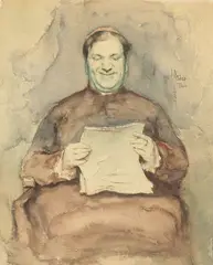 Irving Ramsey Wiles, Smiling cleric reading a letter, watercolor and pencil on paper
