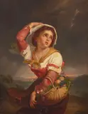 Jean-Baptiste Greuze, Jeune fille au panier garni fuyant l'orage (Young girl with a Basket Fleeing the Storm)), oil on board