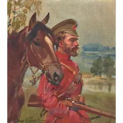 Jerzy Kossak, A portrait of a military man with horse, oil on canvas laid down on board