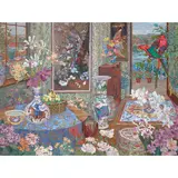 John Powell, Interior with two red birds and vases, oil on canvas