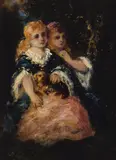 Deux jeunes fillettes et leur chiot by Narcisse Virgile Diaz De La Peña, oil on panel, sold Mar 2024