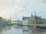 Otto Olsen, View from Copenhagen with The Stock Exchange Building, Thorvaldsens Museum and church, oil on canvas